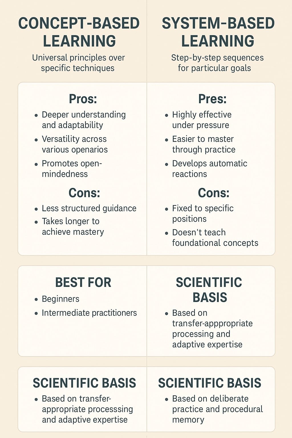 comparison pros and cons system based vs concept learning